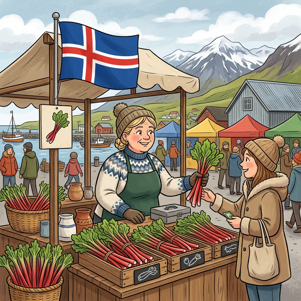 Vendor handing fresh rhubarb to buyer at outdoor market with Icelandic flag