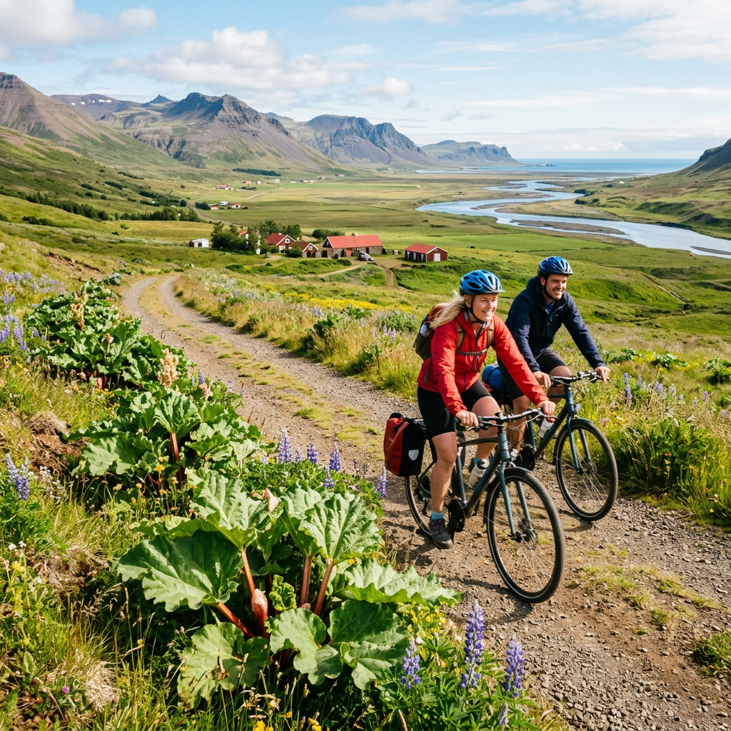 Two people cycling on a gravel trail in a green valley with mountains and river in the background